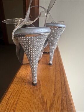 Silver Crystal Rhinestone High Heel Sandals with Ankle Tie